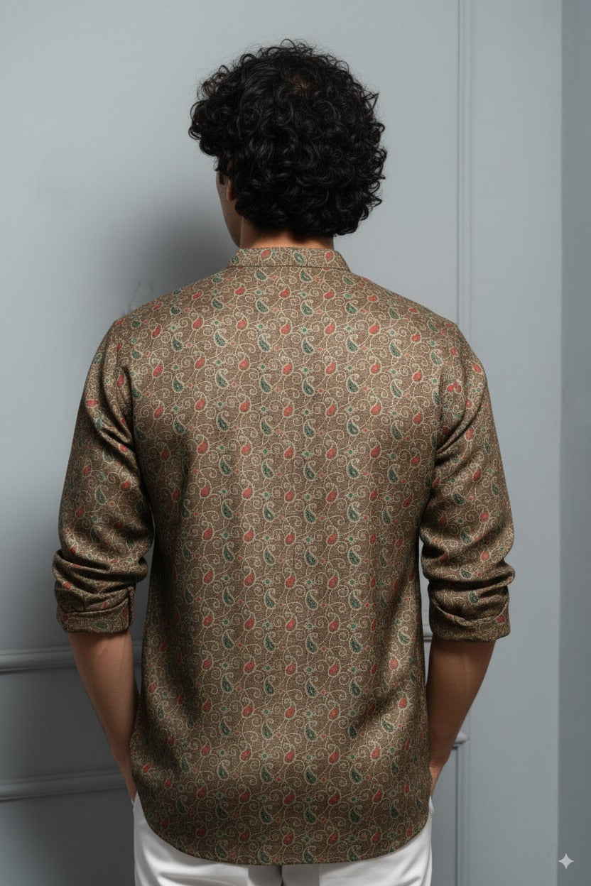 Brown Paisley Printed Cotton Kurta