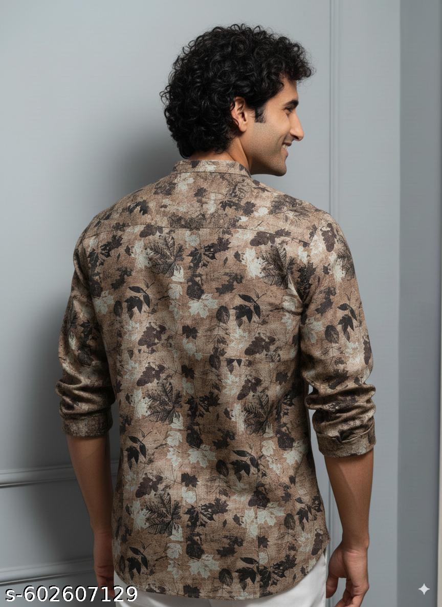 Brown Leaf Print Cotton Kurta