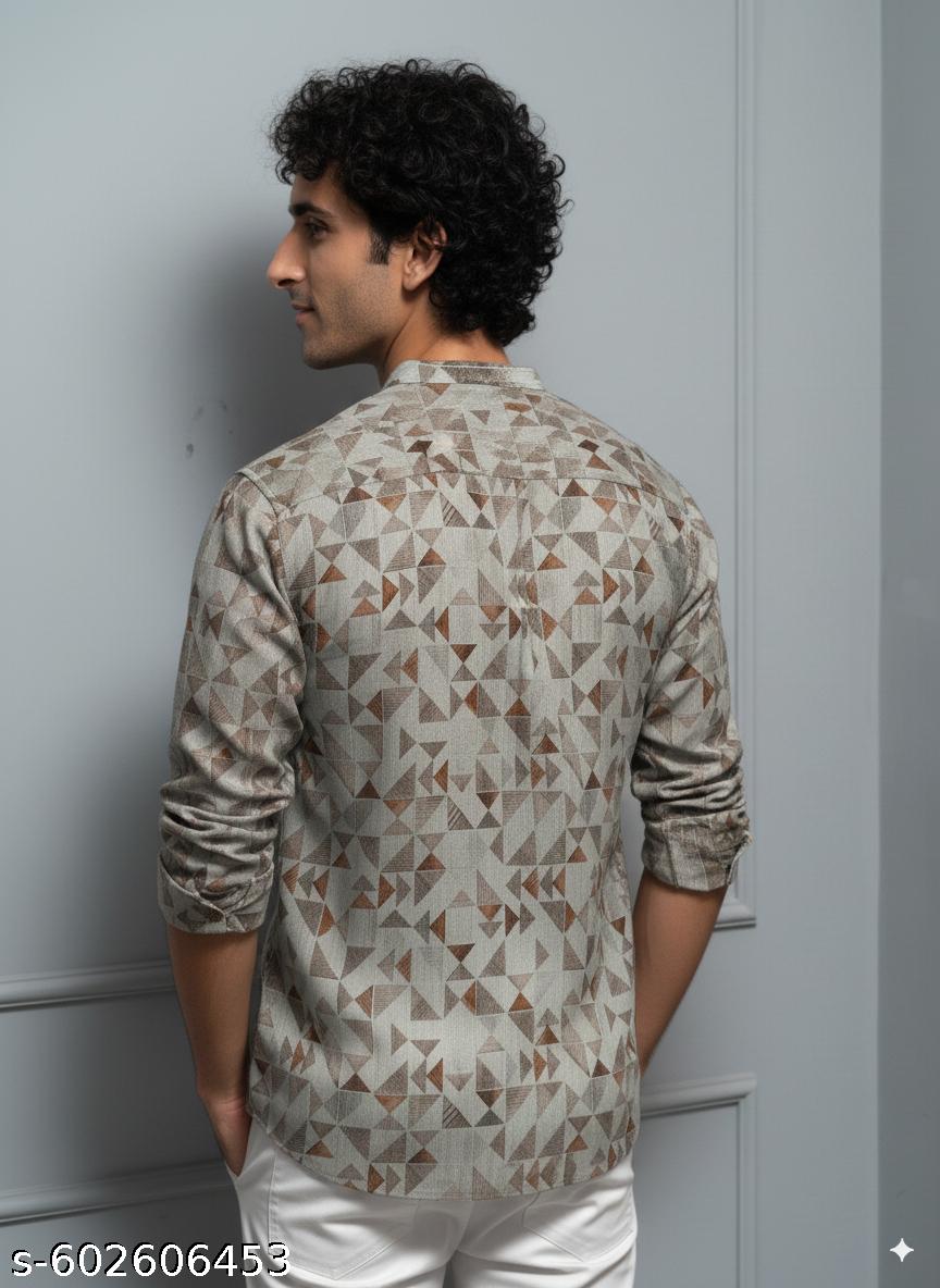 Grey Geometric Print Cotton Short Kurta