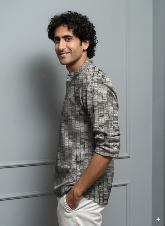 Men’s Black & Grey Textured Printed Cotton Kurta