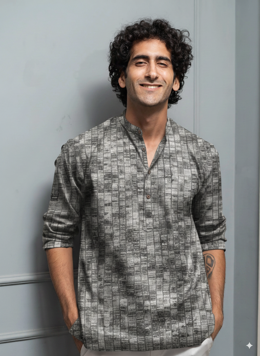 Men’s Black & Grey Textured Printed Cotton Kurta