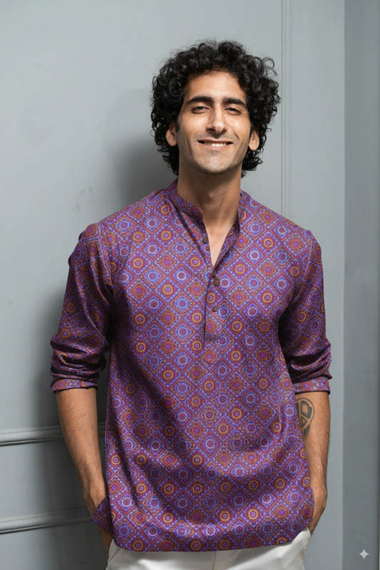 Purple Geometric Printed Cotton Kurta