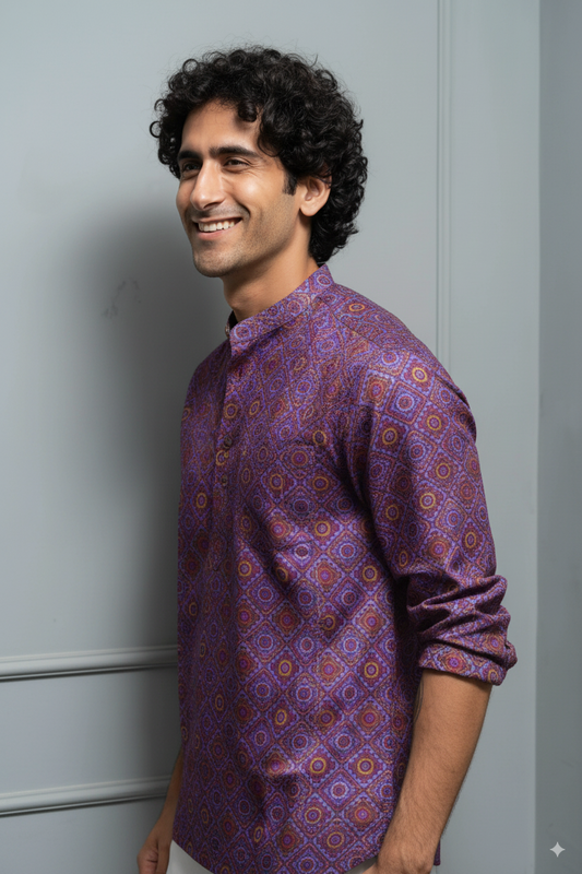 Purple Geometric Printed Cotton Kurta