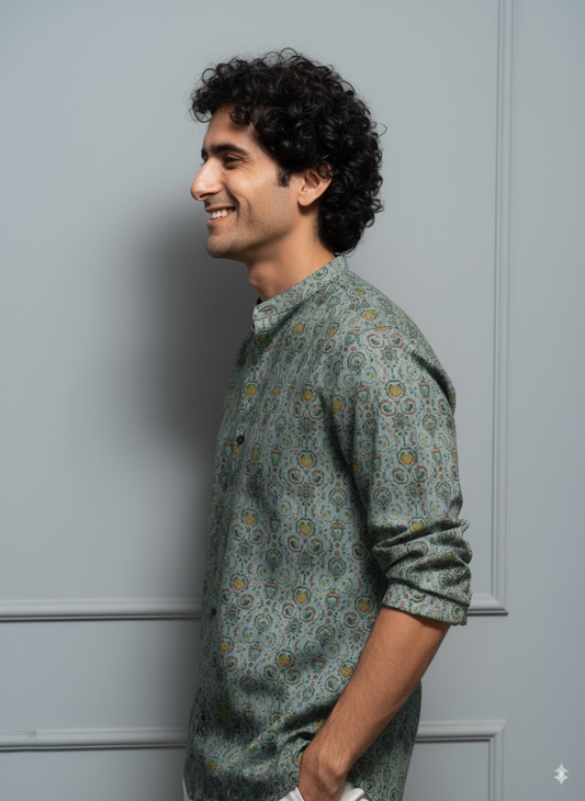 Green Ethnic Motif Printed Cotton Kurta