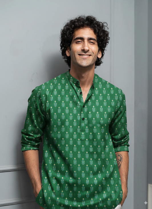 Green Floral Print Cotton Short Kurta