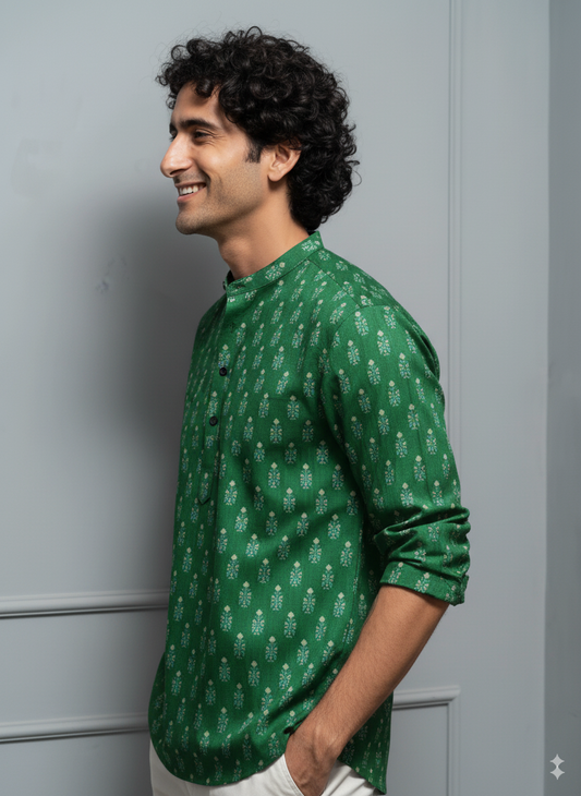 Green Floral Print Cotton Short Kurta