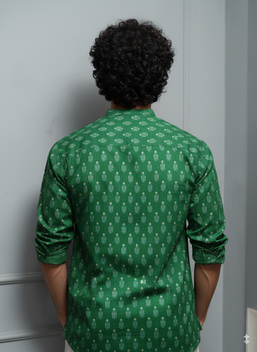 Green Floral Print Cotton Short Kurta