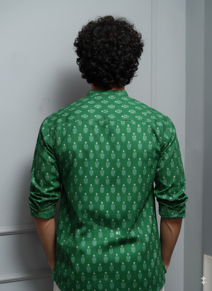 Green Floral Print Cotton Short Kurta