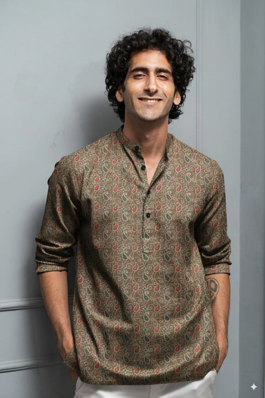 Brown Paisley Printed Cotton Kurta