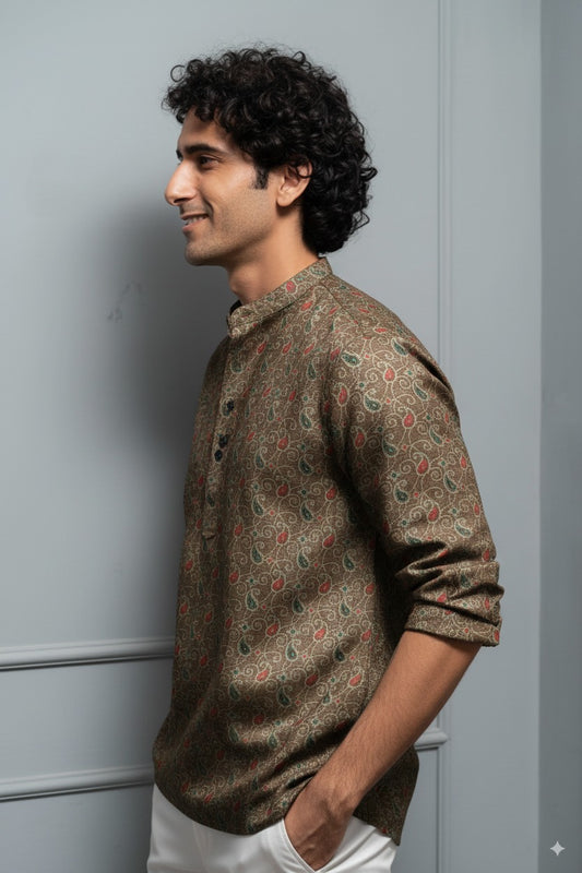 Brown Paisley Printed Cotton Kurta