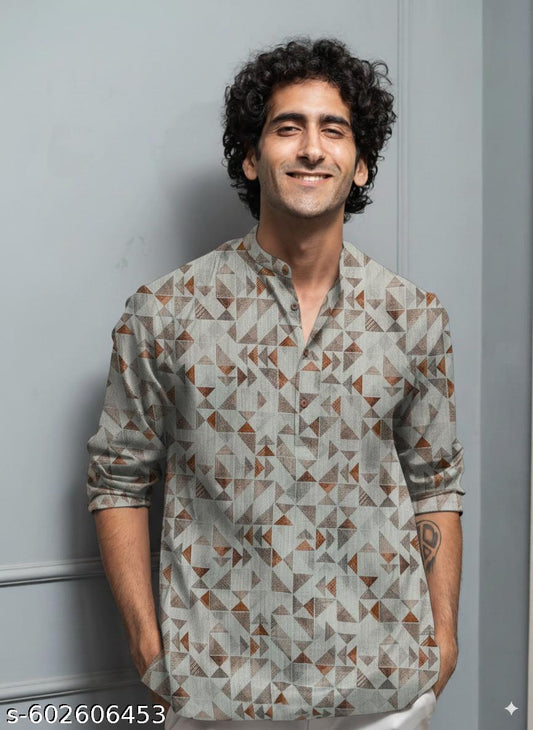 Grey Geometric Print Cotton Short Kurta