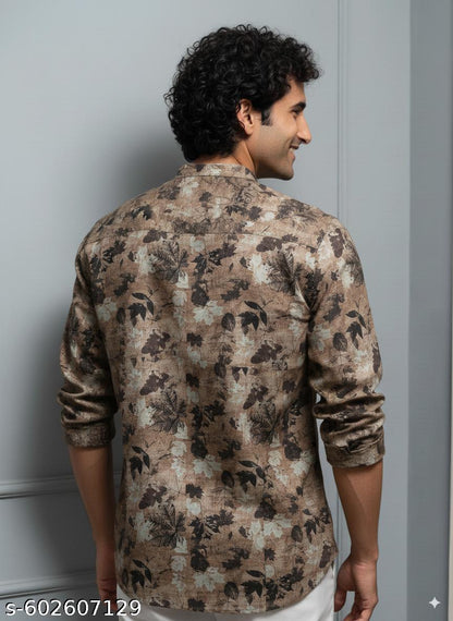 Brown Leaf Print Cotton Kurta