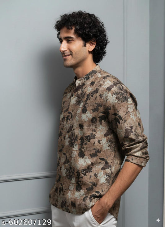 Brown Leaf Print Cotton Kurta