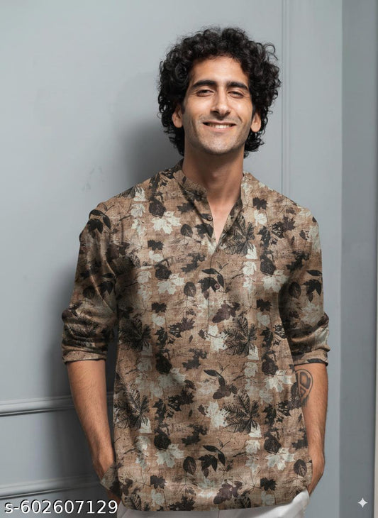 Brown Leaf Print Cotton Kurta