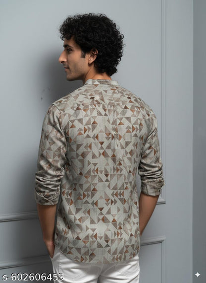 Grey Geometric Print Cotton Short Kurta