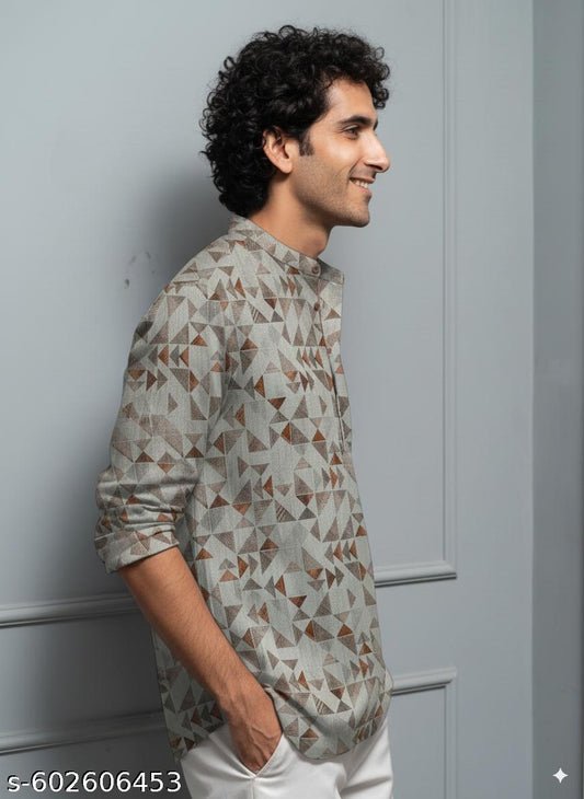 Grey Geometric Print Cotton Short Kurta
